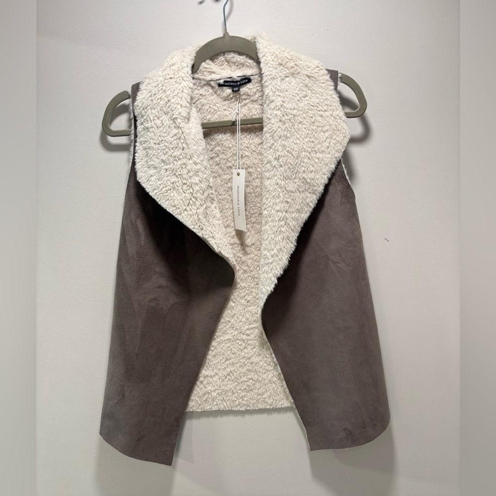 Faux-Suede Taupe Vest with Cream Sherpa Collar